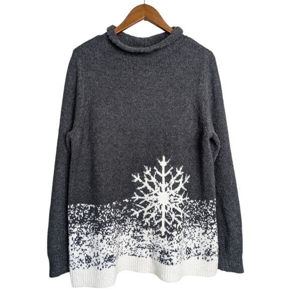 NEW J.Jill Large Sweater Intarsia Snowflake Funnel Neck Gray Holiday Christmas - Picture 1 of 10